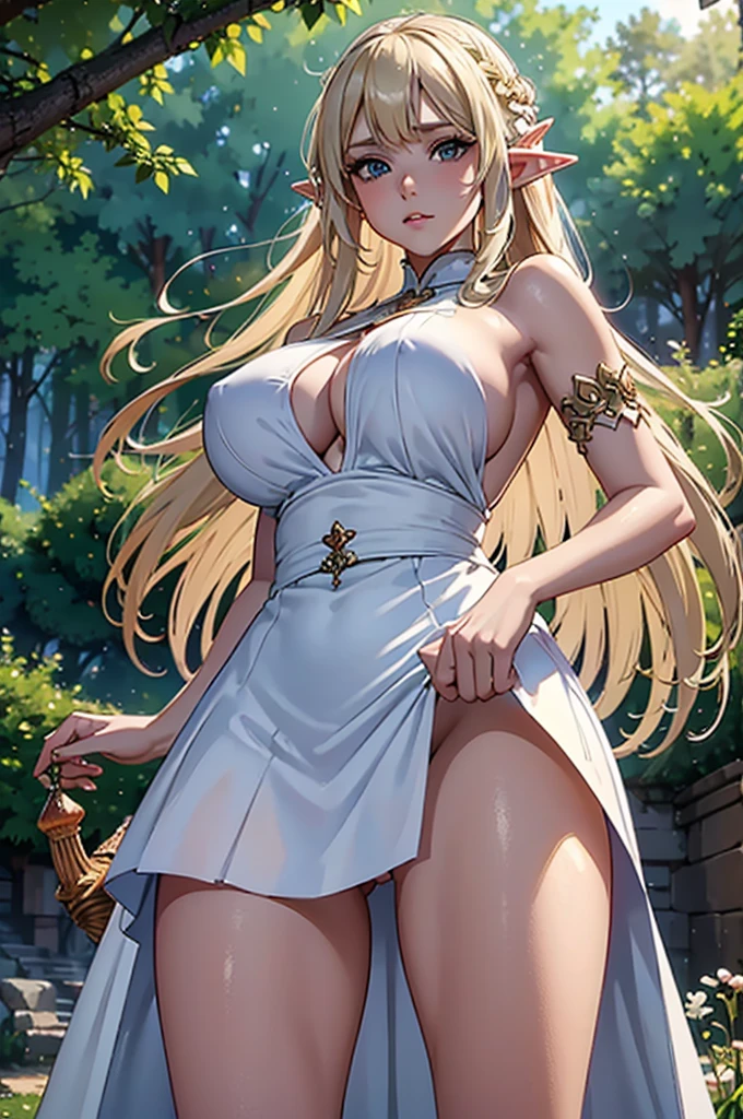 best quality, 8k, very delicate and beautiful, highly detailed face and skin texture, shiny skin, high resolution, huge tits sexy long blond hair elf girl in white long dress standing at forest, sharp focus, ((((oops, upskirt pussy))))