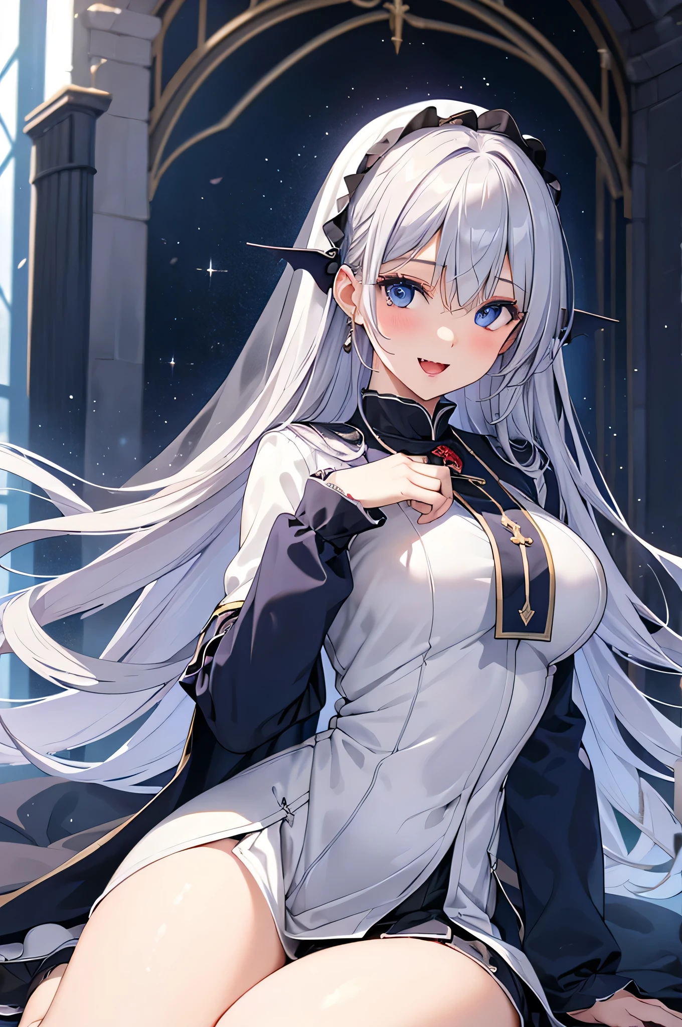 8k resolution,(( top quality )), super high res,Adult female, Alone, sexy, ( gentle smile), ( blue eyes), beautiful symmetrical face , (long silvery curled hair),Priest's ceremonial dress,Skirt with slit, realistic :1.4, realistic :1.4,( Masterpiece :1.2), perfect eyes, perfect eyes, anatomically correct human body ,( open mouth :1.1),Sigh,Church at night,(Vampire Fangs),Tempting,Face Veil,Perfect thighs