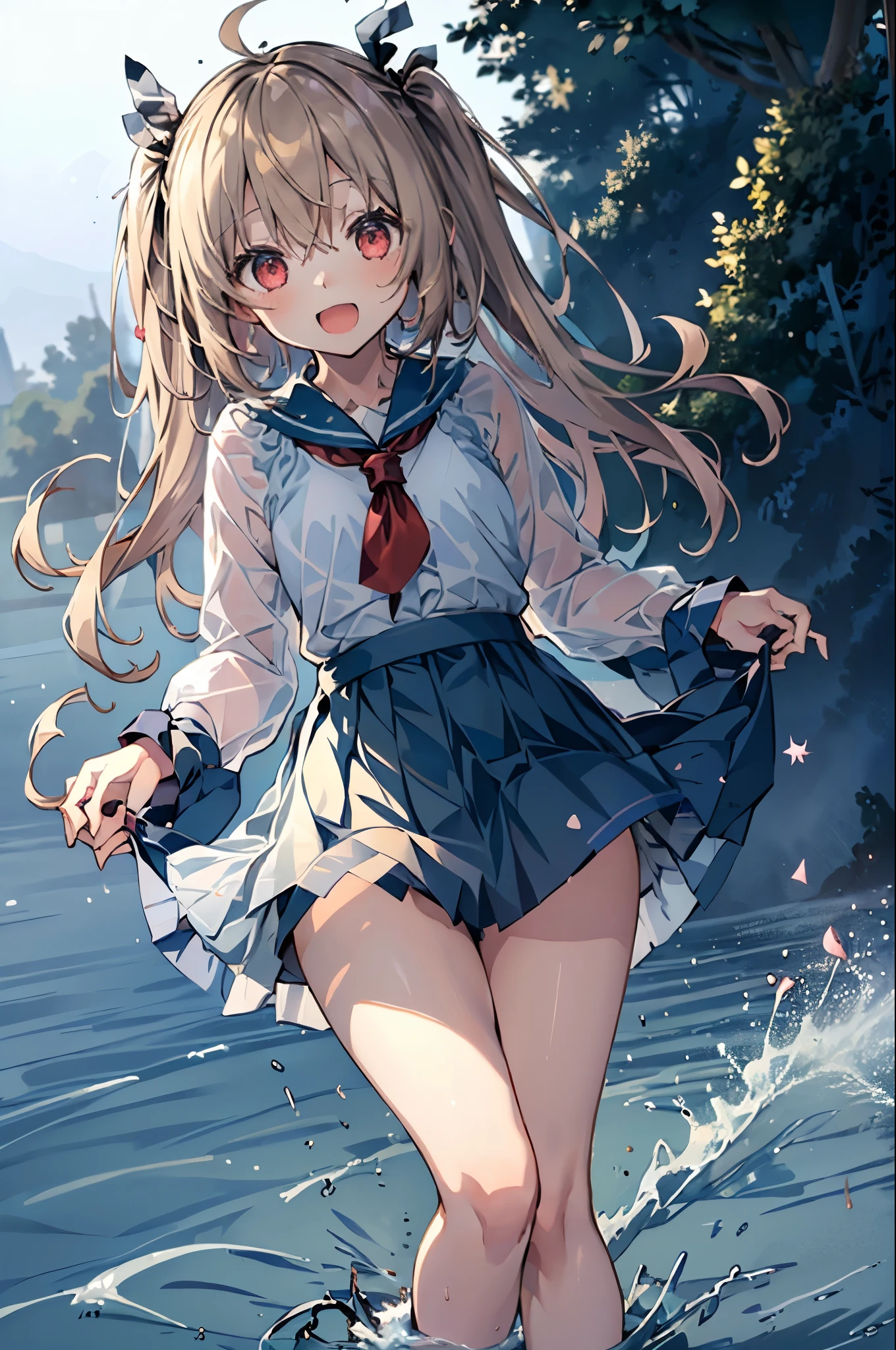 1girl,solo,(Chibi,li, liultra cute kawaii:1.3),long hair,ahoge,long sleeves,blue sailor collar,white long dress,(see through dress:1.5),wet,walking on water,Water splash,red neckerchief,red eyes,smile,open mouth,(skirt lift:1.5), ((skirt grab:1.3)), (Skirt that rolls up:1.3),