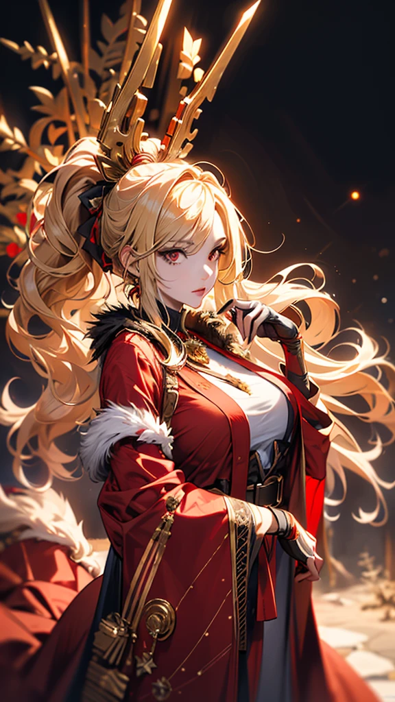 masterpiece,                      High Quality             , 4K, Beautiful design,          silhouette    ， blonde alone    ，                Ponytail vaginal bleeding   ，       Highly Detailed Starry Sky,       Knowledgeable woman    , Highly detailed solo,   1 female  ,  red eyes，Big Breasts，    Santa costume ， Red fur coat，    Knowledgeable woman    ，