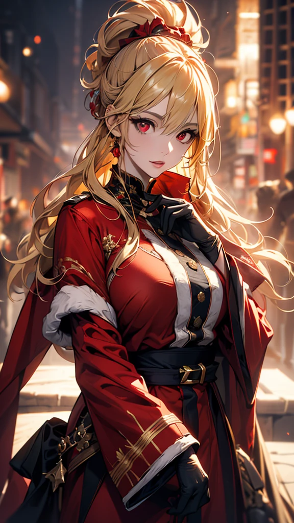 masterpiece,                      High Quality             , 4K, Beautiful design,          silhouette    ， blonde alone    ，                Ponytail vaginal bleeding   ，       Highly Detailed Starry Sky,       Knowledgeable woman    , Highly detailed solo,   1 female  ,  red eyes，Big Breasts，    Santa costume ， Red fur coat，    Knowledgeable woman    ，