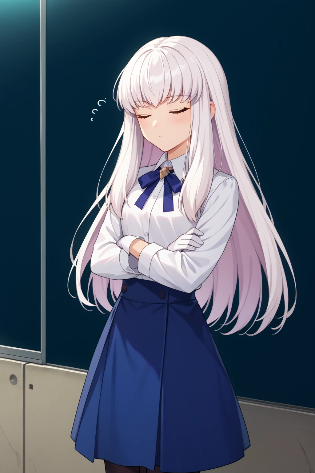 score_9, score_8_up, score_7_up,  source_Anime,  Rating_safe,  Intricate Details , Anime screencap,  official style, Lysithea, White Hair,  long hair,  eyes closed ,  White Collared Shirt ,  Long Sleeve 、 white gloves、Blue Ribbon,  blue skirt,  black pantyhose,  watching viewers , Irritation, ,  arm-crossed, the above