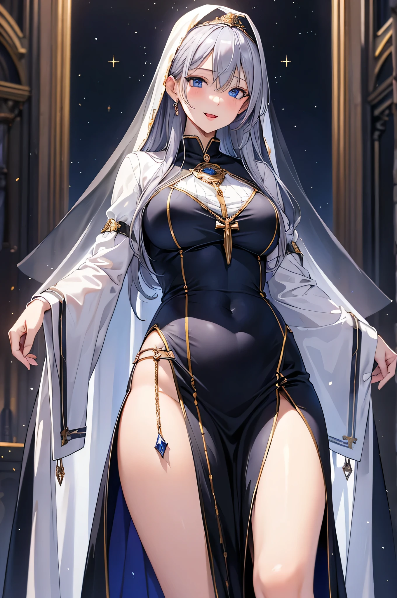 8k resolution,(( top quality )), super high res,Adult female, Alone, sexy, ( gentle smile), ( blue eyes), beautiful symmetrical face , (long silvery curled hair),Priest's ceremonial dress,Skirt with slit, realistic :1.4, realistic :1.4,( Masterpiece :1.2), perfect eyes, perfect eyes, anatomically correct human body ,( open mouth :1.1),Sigh,Church at night,(Vampire Fangs),Tempting,Face Veil,Perfect thighs