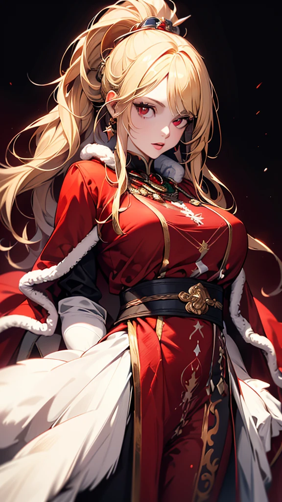 masterpiece,                       High Quality              , 4K, Beautiful design,           silhouette    ， blonde alone     ，                Ponytail vaginal bleeding    ，        Highly Detailed Starry Sky,       Knowledgeable woman    , Highly detailed solo,    1 Woman   ,   red eyes，Big Breasts，     Santa costume  ， Red fur coat，    Knowledgeable woman    ，