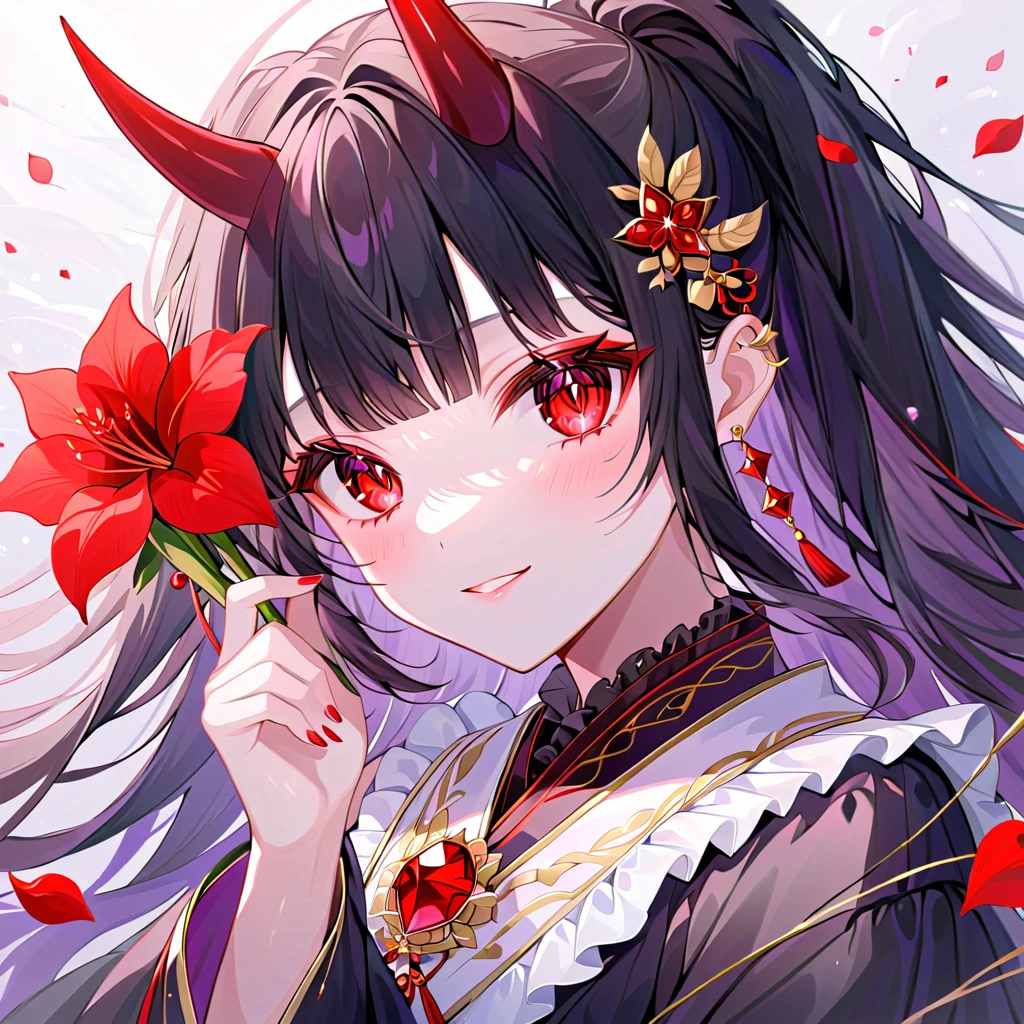 darkness, best quality, It's so beautiful that my eyes are dizzy, 1 girl, black hair, blunt bangs, hime cut, straight hair, long hair, ponytail, back hair cut to exactly the same length, one white and red gradation horn, the tip of the horn is red, horn growing from between the bangs, red eyes, elongated pupil, clear eyes, beautiful, clear eyes that look like jewels, crazy smile, gold kanzashi, black sleeves, wide sleeves, red japanese long skirt, holding a red cluster amaryllis, holding the red cluster amaryllis close to face, flying cluster amaryllis petals, shining eyes, the most beautiful eyes, the most beautiful skin, the most beautiful face, the most delicate eyes, the most delicate skin, sparkle, star \(symbol\), Beautiful color palette, maximum facial detail, maximum eye detail, maximum skin detail, maximum background detail, maximum hand detail, maximum hair detail, maximum light detail, maximum props detail, 