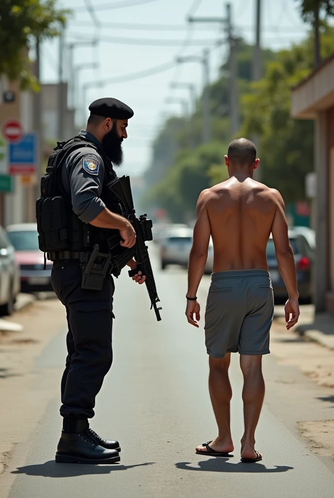Young strong bearded Brazilian cafuzo police officer in military tactical police uniform, Lottery, elite, boina preta, armed, approaching and searching a man with his hands raised behind his head and his legs wide open, wearing no shirt, shorts and flip flops.