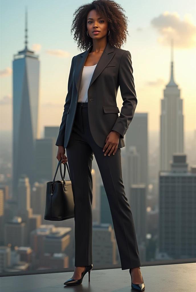 1 black woman, sunglasses, Black Suit, hands in pockets, slim body
