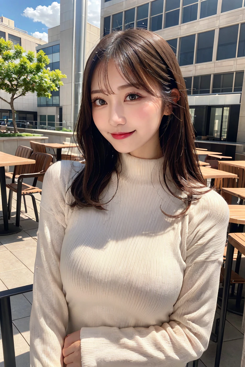 ( long sleeve tight knit:1.3), Best Quality, shape, Very detailed, finely, High resolution, 8k wallpaper,  perfect dynamic structural shape, Detailed and beautiful eyes,Bob Hair, Center of chest, Natural Color Lip, Random sexy poses,smile,Age 22、Huge ,Cafe,coffee,Breast Enhancement,big eyes,Outdoor,clear sky,sunlight