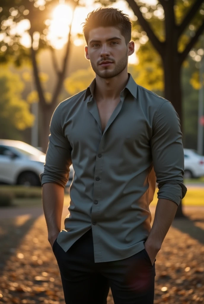 Cody Christian, captured posing in a Barcelona park, wearing a shirt and black pants, soft natural lighting, cinematic and moody, (best quality,4k,8k,highres,masterpiece:1.2),ultra-detailed,(realistic,photorealistic,photo-realistic:1.37),HDR,studio lighting,professional,vivid colors,dramatic lighting