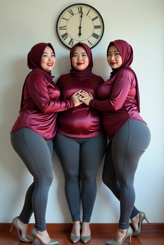3 people Hijab girl, Indonesian beautiful girl, malaysia girl, bbw body chubby, with huge large massive size , wear yoga outfit, smiling, blushing,
