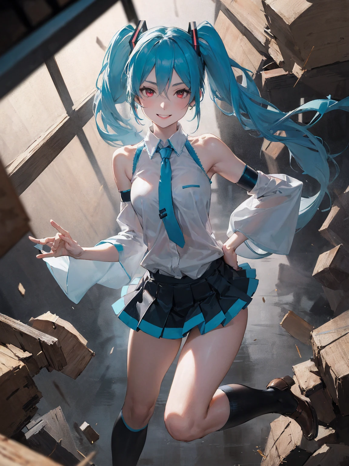 masterpiece,  Hatsune Miku ,  white shirt,  blue tie, Bare shoulders,  separation sleeve,  Immersed in an evil smiley face, Dark Skin,  red eyes,  dark eyes, Orange pupil,Thighs, black high socks wearing brown leather shoes 