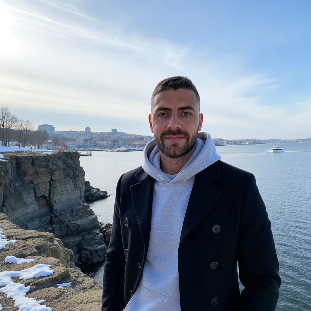 A young man have a light skin tone, a neatly trimmed beard and mustache, with short, dark hair styled short on the sides and longer on top. and a subtle, natural smile that suggests he is enjoying the moment, stands on a rugged cliff overlooking a tranquil bay in Söderström, Stockholm. The scene captures a crisp winter morning with icy blue skies streaked by soft, wispy clouds. The man wears a black coat,  coat's lapels are wide and sharply tailored, folding cleanly to frame his face and emphasize the layered effect of the hoodie underneath. Large, matte black buttons are symmetrically arranged on the front, lending a minimalist yet functional aesthetic and white sneakers. grey hoodie, with a soft and casual fabric appears cosy and well-fitted. The hoodie hood is pulled up snugly, framing his head and covering part of his hair, adding a casual and laid-back element to his appearance. The distant cityscape across the bay glimmers with sunlight, showcasing a harmonious mix of modern towers and classic Nordic architecture. A solitary boat glides smoothly across the water, leaving a delicate wake. Bare, leafless trees and patches of moss on the rocky outcrop add an organic texture, enhancing the serene, introspective mood of the moment. (masterpiece), (best quality), (ultra-detailed background), detailed face, perfect composition, intricate details