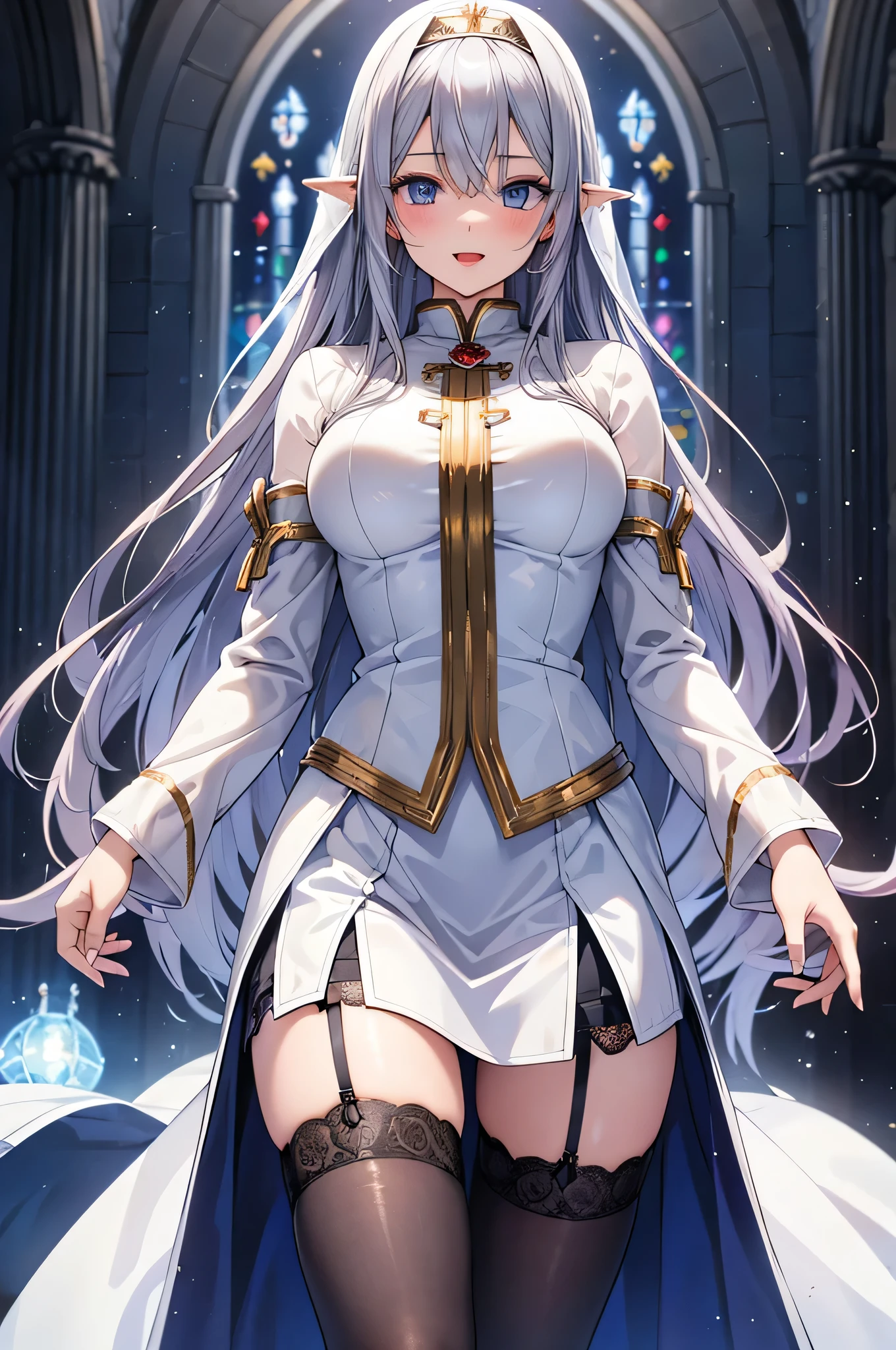 8k resolution,(( top quality )), super high res,Adult female, Alone,  sexy, ( gentle smile), ( blue eyes),  beautiful symmetrical face , (long silvery curled hair),Priest's ceremonial dress,Skirt with slit, realistic :1.4, realistic :1.4,(  Masterpiece  :1.2), perfect eyes, perfect eyes, anatomically correct human body ,( open mouth :1.1),Sigh,Church at night,(Vampire Fangs),Tempting,Face Veil,Perfect thighs, garter belt, Knee High Socks