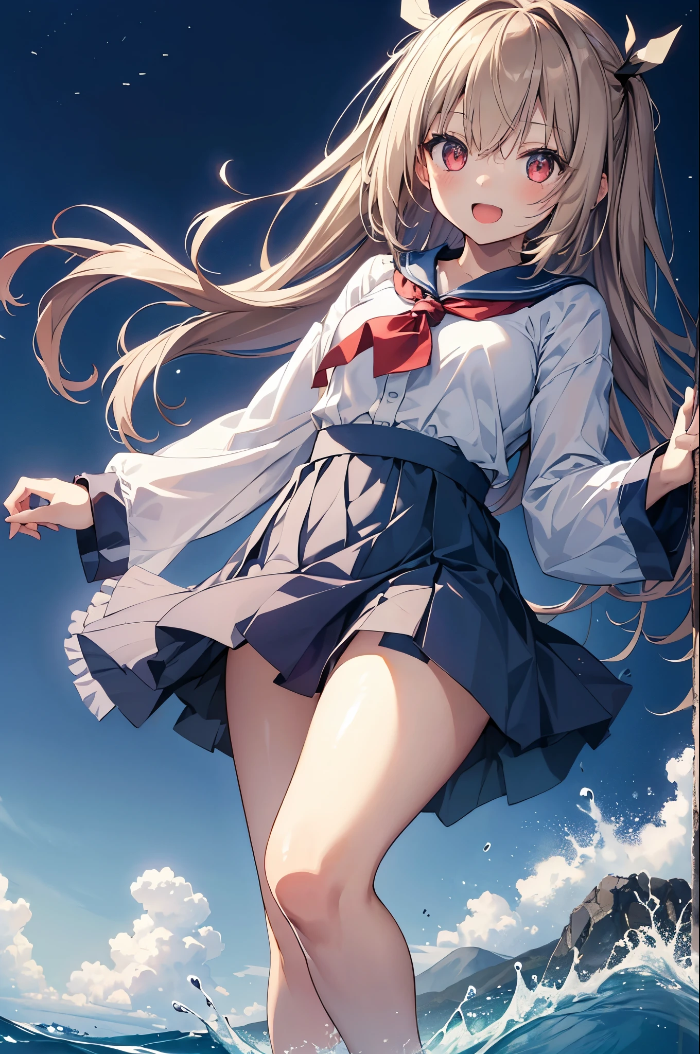 ((8K, Highest Quality, Masterpiece:1.3)), Ultra High Quality, (1 Girl, 1 Person), (Color Changing Eyes, Super Detailed, Expressive Glow, Sparkling Eyes), Highly Detailed Eyes, Highly Detailed Face, Random Hair, (Silver Grey Color), Exposed, 90s Preppy Style V-Neck Sweater, Checkered Pleated Skirt, Loafers, White Button-Down Shirt, Knee-High Socks, Headband, Natural Makeup and Straight Hair, (Cute Panties:1.2), (Ecstatic Expression:1.3), Standing, Angle from Below, White Skin, (Beach, Sunrise:1.2), Fantastic Light