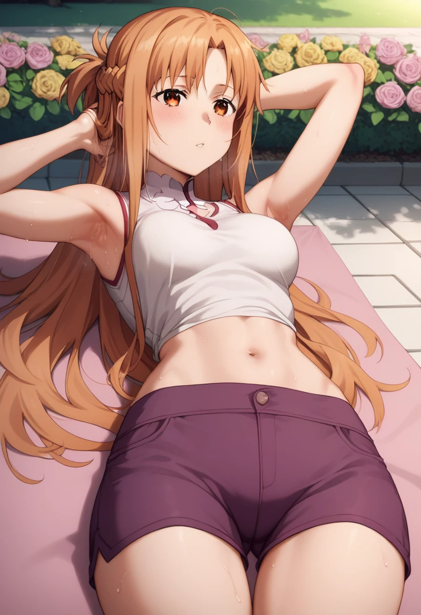 score_9,score_8_up,score_7_up, source_anime,, one hot woman, lying face down on a pink mat, orange eyes, , deep eyes,small waist、slender、sexy、Light sun, white shirt sleeveless, focus armpit, sexy armpit,sweat,purple short  pants, , flower garden atmosphere, taken from the side, seeing the buttocks and hips, orange hair, colarbone, thigh, perfect body, medium breast, yuuki asuna, warm light, park background, tree, flower, seducative expresion, hand behind the head, messy hair , blush,  bellow view