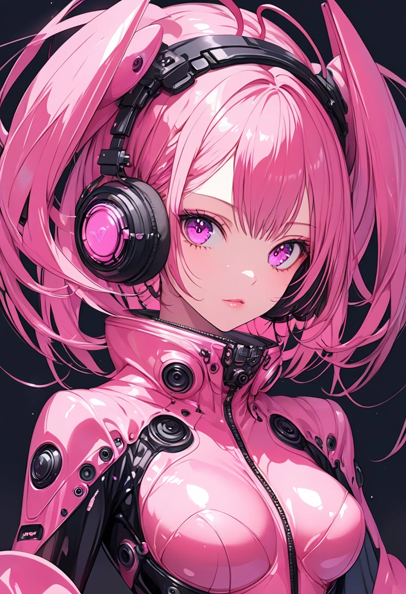 A beautiful woman, anime-inspired digital art, ultra-detailed, wearing a glossy pink latex bodysuit,Over-sized futuristic headphones,black background