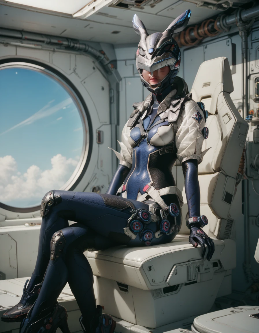 score_9, score_8_up, score_7_up,score_6_up, score_5_up, 1girl, looking at the viewer, bodysuit,  helmet, sitting, cross legs, space ship
