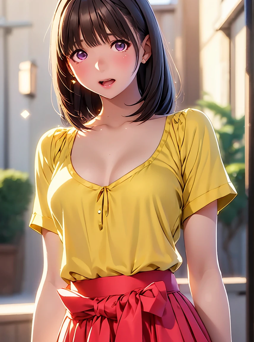   Kampala ,In 8K, best quality, Details,Semi-realistic anime, D Anime Style , Smooth Anime CG , one girl playing pranks,18 year old Japanese female,slim,modeling,VERY STRAIGHT HAIR ,  Pink Sparkling Lips ,  Glossy Black Hair , Detailsな顔,Beautiful and  Details, ,(( Glowing brown Eyes Like Gems)),(Small breasts),(Open your mouth),( troubled face),( embarrassed face ),(( depth of field )),( has a blurry background), (( long skirt )),(yellow formal costume), ((Very small waist)),
