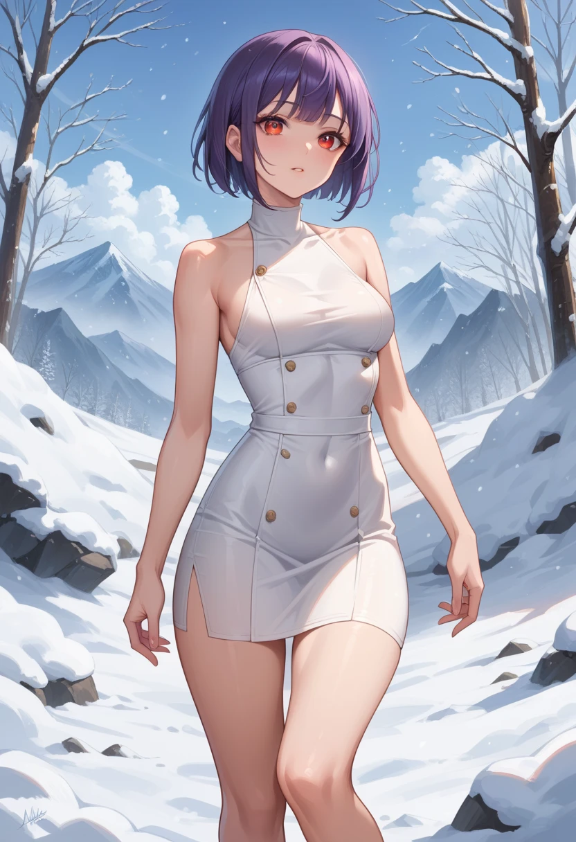  a girl with long purple hair , short bangs ,  straight bangs  , orange eyes,  wears a very short and tight white dress with a neckline,  looking up ,   thick thighs   , sexy,  dreamy expression , ,cowboy shot, front view,  standing in the snow,  barefoot, perna alta.    high quality,   masterpiece  ,detailed. 