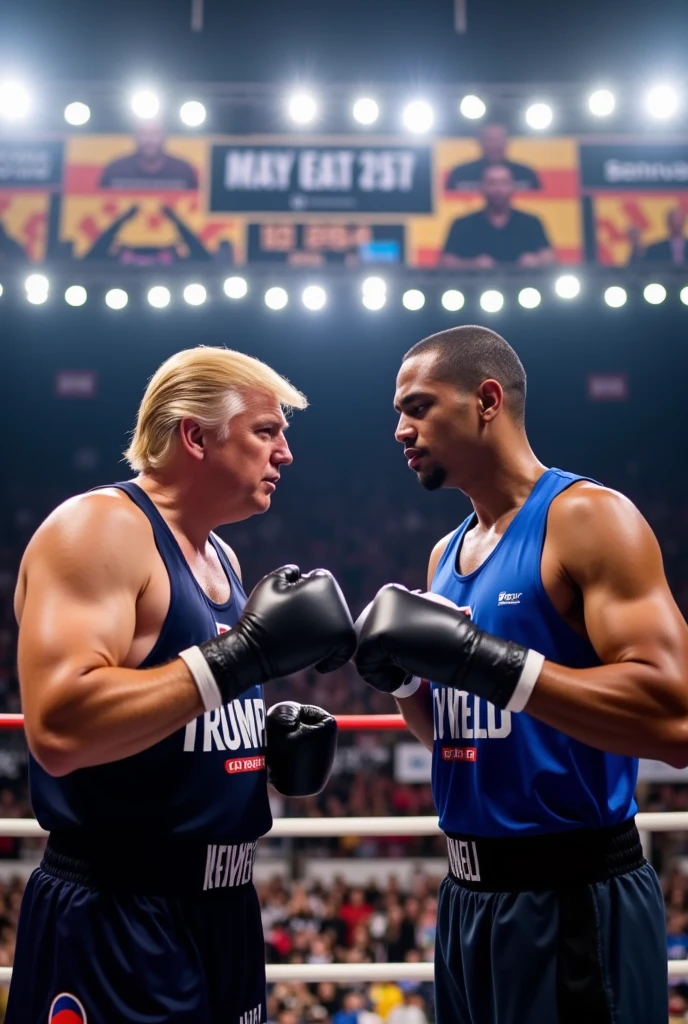  Donald Trum and Jerome Powell facing each other dressed as boxers.  Billboard image of combat night  