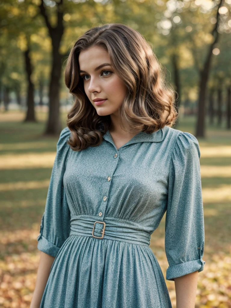 retro vintage, photography, 1940s, young woman, 1girl, 8k, hd, vintage dress, city park, stylish, wavy hair, brown hair, close up, european woman, evening, muted color grading, modest, facing camera, front shot, short hair