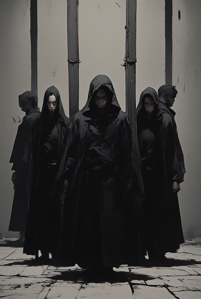 Composition:
The individuals are positioned in a straight horizontal line, with their bodies oriented slightly forward.
The vertical beams in the background create a rhythmic pattern, dividing the wall into segments that frame each figure.
The absence of props or additional elements emphasizes simplicity and focuses attention on the subjects.
Lighting:
The lighting is soft and diffused, casting gentle shadows on the wall and the figures.
It creates a dramatic interplay of light and darkness, accentuating the textures of the wall and the folds of their clothing.
The subdued tones give the image a somber and contemplative mood.
Subjects:
All six individuals are dressed in dark, long garments that resemble coats or robes, contributing to a unified and solemn appearance.
Their facial expressions appear neutral or serious, amplifying the austere and introspective atmosphere.
Each subject maintains a similar posture, standing upright, which conveys a sense of formality or ritual.
Mood:
The overall mood is heavy, solemn, and somewhat enigmatic, evoking feelings of mystery or foreboding.
The combination of the stark setting, uniform clothing, and lack of visible emotion creates an air of timelessness and detachment.
Setting:
The background is plain but textured, with visible imperfections on the concrete wall. This detail adds a raw, industrial feel to the scene.
The wooden beams provide depth and structure to the otherwise minimalist composition.
The photograph could be interpreted as symbolic, perhaps representing themes of isolation, unity, or introspection. Its stark and carefully balanced visual elements make it feel almost cinematic or theatrical in tone.