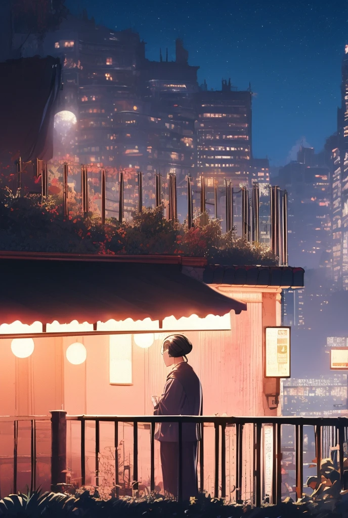 A Korean man with a center-parted Korean hairstyle sits on a moonlit balcony, wearing delicate black and white pajamas, under the city lights in the background, sparkling with light, his black hair blown gently by the wind, creating an elegant and quiet atmosphere, the delicate light is beautiful, like a beautiful movie backdrop.