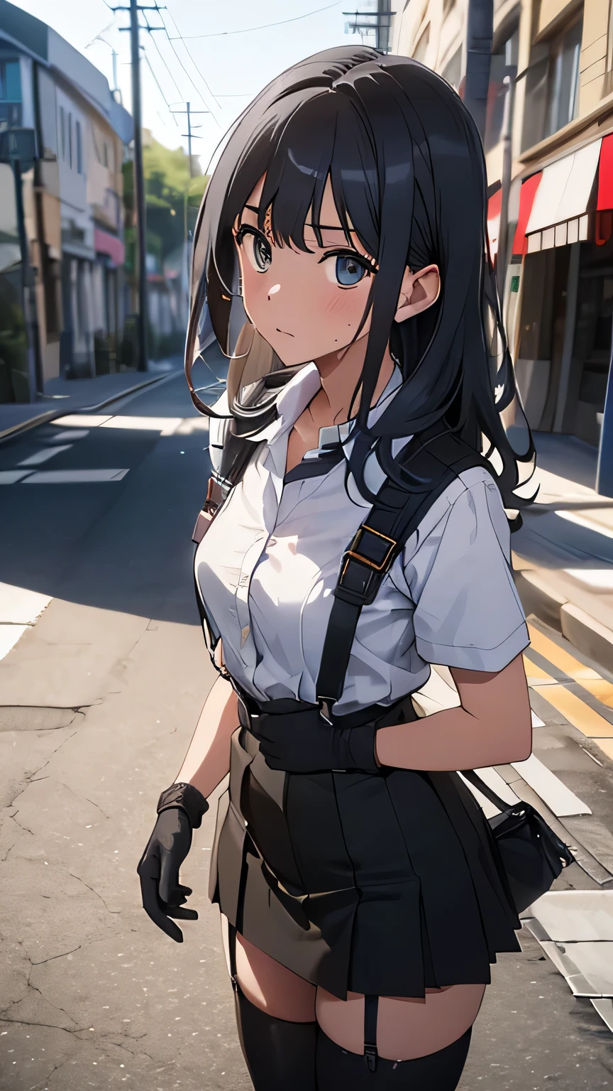 High Quality , masterpiece, super high res, ( realism : 1.4), oil painting style , movie lighting, , I stood on an empty asphalt road and watched it.., and、flying crane suspenders Big Breasts small face lying on a bed looks up sweat belt buzzer 脇sweat black hole gloves suit miniskirt garterbelt Foot Link ズボンのbelt fold your hands on your back uneasy expression looks up uneasy expression Knee-length knee socks Knee-length socks garter belt garter Garterbelt on thighs, fold your hands on your back restrict handcuffs Cable ties Cable ties on thumbs