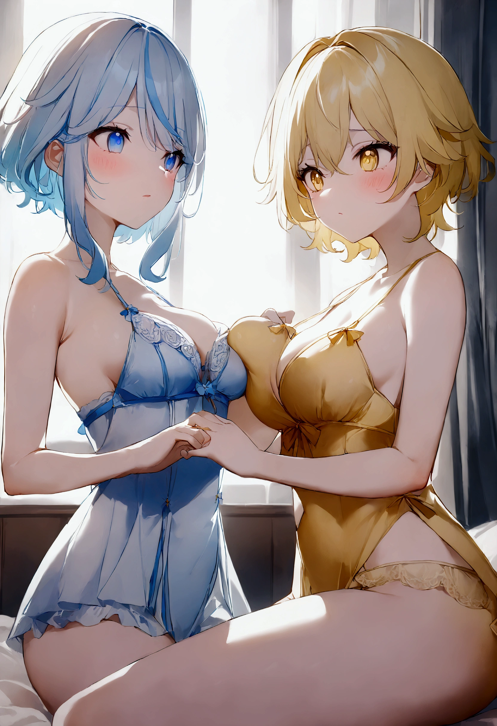 2 girls, sexy lingerie, yellow lingerie and the other pink, girl 1 short yellow hair, yellow eyes, fair skin, girl 2, light blue hair, monochromatic blue and light blue eyes, girl 1 grabbing the other girl's breast, comfortable room in the background, good lighting, great quality