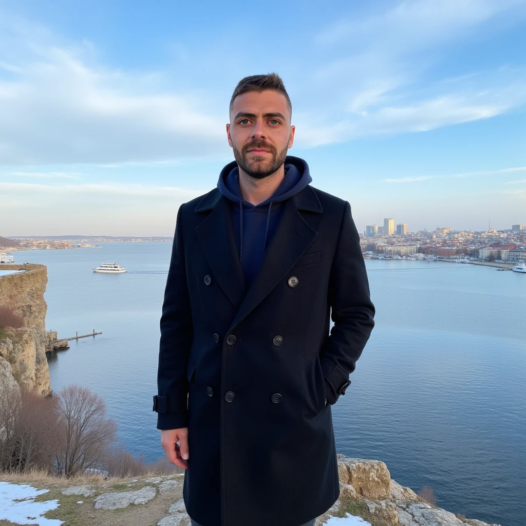 A young man has a light skin tone, a neatly trimmed beard and mustache, with short, dark hair styled short on the sides and longer on top. and a subtle, natural smile that suggests he is enjoying the moment, stands on a rugged cliff overlooking a tranquil bay in Söderström, Stockholm. The scene captures a crisp winter morning with icy blue skies streaked by soft, wispy clouds. he wears a tailored black trench coat, buttoned up for a streamlined silhouette. A dark hoodie adds a touch of muted color, its hood framing his face subtly. and white sneakers. . The distant cityscape across the bay glimmers with sunlight, showcasing a harmonious mix of modern towers and classic Nordic architecture. A solitary boat glides smoothly across the water, leaving a delicate wake. Bare, leafless trees and patches of moss on the rocky outcrop add an organic texture, enhancing the serene, introspective mood of the moment. (masterpiece), (best quality), (ultra-detailed background), detailed face, perfect composition, intricate details