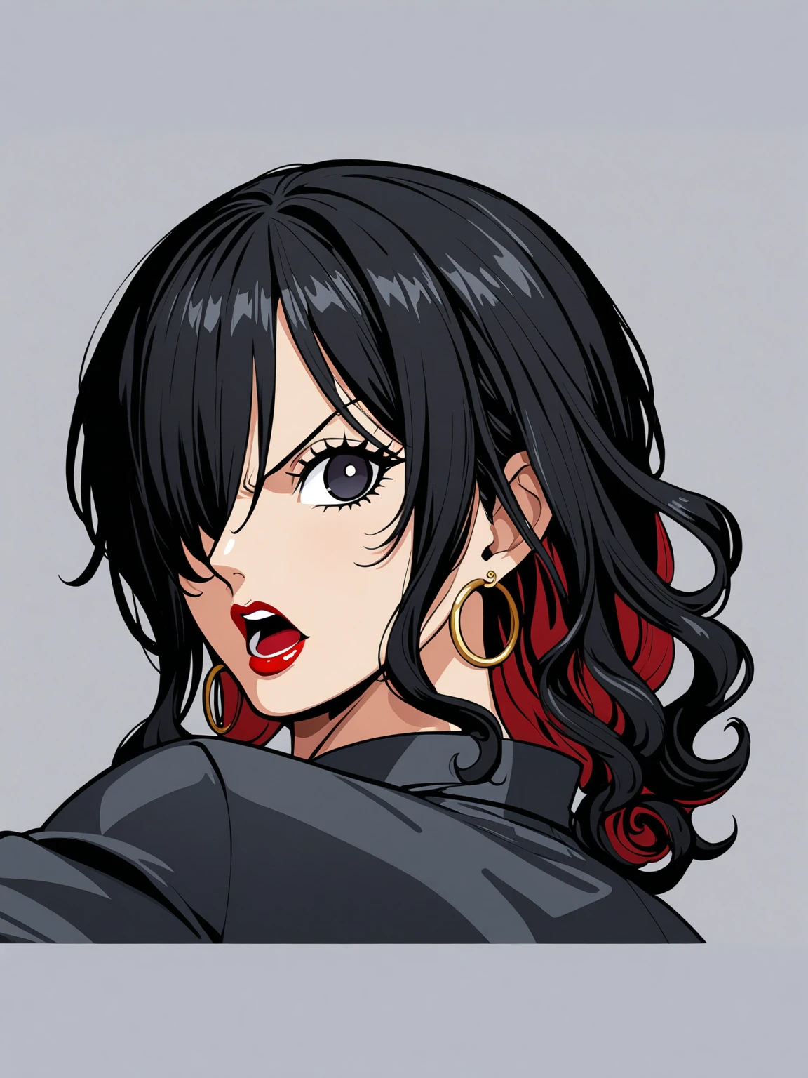 (character portrait), (((one piece))), business pants suit, (black office suits), red necktie, a beautiful woman, very tall woman with great style, female mafia-boss, perfect big breasts, perfect big breasts, plump ass, slender body, (((1girl))), (((solo))), long curly hair, black hair, black pupils, hair over one eye, perfect hands, perfect face, perfect eyes, perfect body, perfect legs, red lips, beautiful legs, (white plain background), hair over one eye, black hair, hoop earrings, ,suit, pants, necktie, onepiecestyle,black eyes, black hair, hoop earring