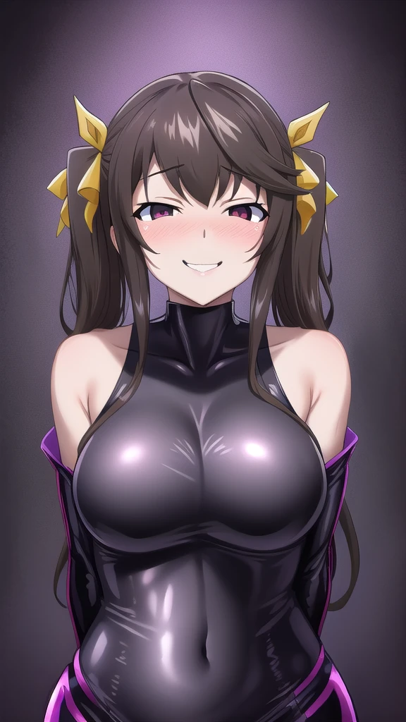   erotic、Huang Lingyin、 brown hair twin tails、Big Breasts, Alone, black latex wetsuit,  Purple Wicked Background , red eyes、  top quality ,  detailed face ,  detailed eyes,  high definition ,、 Evil Evil Female Executive、 cheeks red、Wicked Smile、 sexy pose、Fallen into evil、Fall into Darkness、Dark Side、lure、Estrus