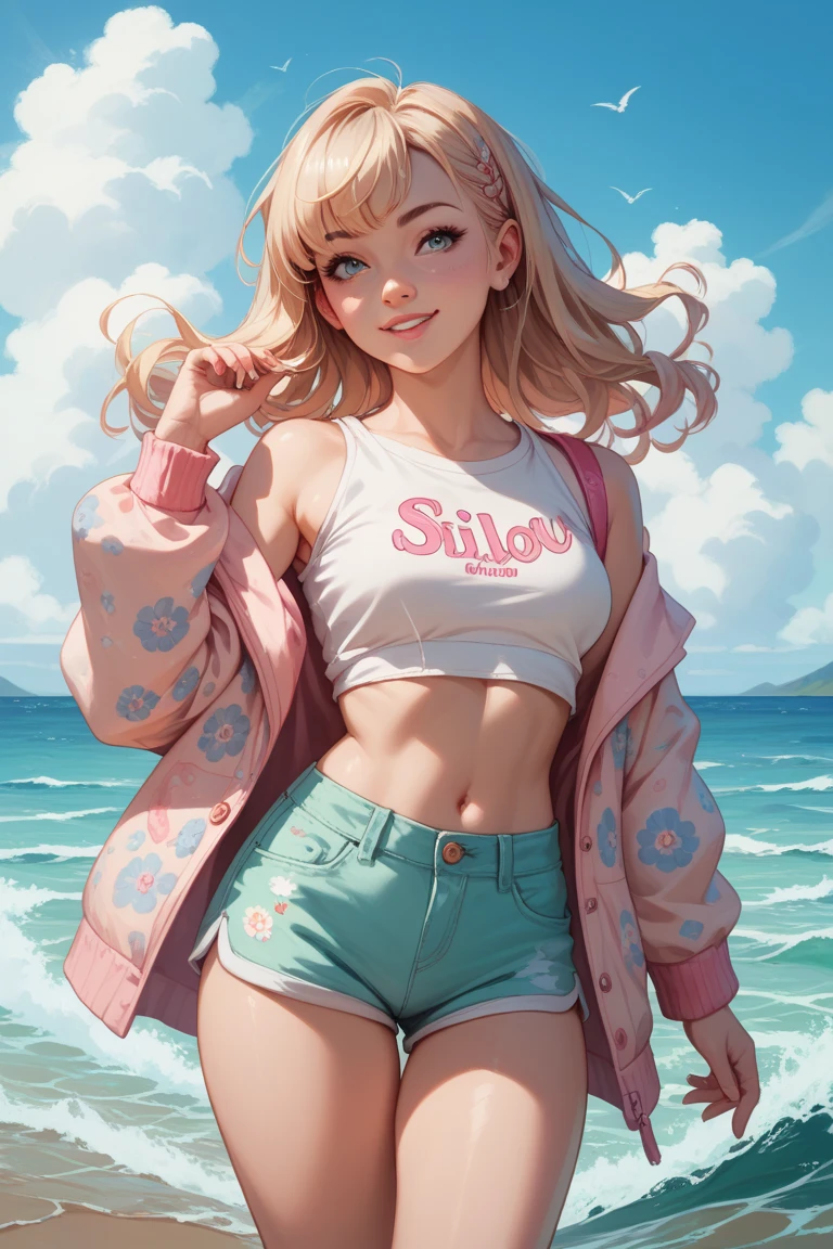 anime illustration, ((((highest quality)))), (((Ultra-precision CG 16K))), (((masterpiece))), BREAK skinny body, slender waist, medium Breasts, (((perky breasts))), ((sagging breasts)), (covered nipples), (((tanned skin, tan lines))) , BREAK ( smiling, blush, determined expression, sweaty , Heavy breathing, embarrassed, ) , (natural make), BREAK narrow eyes, (streaked hair, hair intakes, colored inner hair, ) BREAK (((wearing printed oversized clothing , wearing wide-leg-pants, breasts is covered by outfit, (detailed panty), Narrow aisles,))) , wearing earrings , BREAK ( stick breast out, bending over, all four, )) BREAK (( ripples , horizon , under the cosmic sky on the cosmic sea , cosmic effects)), (((full body shot, looking at viewer, ))), BREAK ((cinematic , from side , from below , (Distant view, Panorama), looking at viewer, )) , pinup magazine pose,