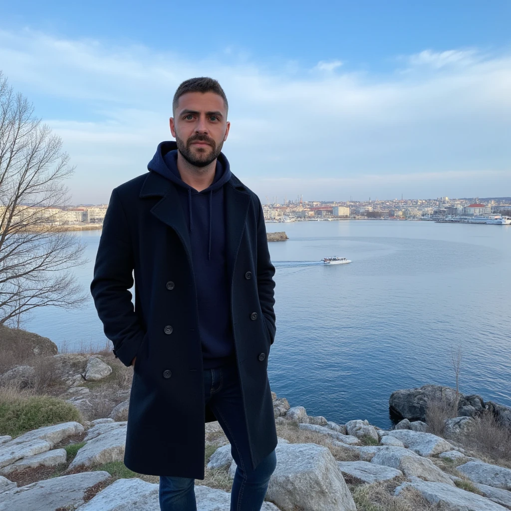 A young man has a light skin tone, a neatly trimmed beard and mustache, with short, dark hair styled short on the sides and longer on top. and a subtle, natural smile that suggests he is enjoying the moment, stands on a rugged cliff overlooking a tranquil bay in Söderström, Stockholm. The scene captures a crisp winter morning with icy blue skies streaked by soft, wispy clouds. he wears a tailored black trench coat, buttoned up for a streamlined silhouette. A dark hoodie adds a touch of muted color, its hood framing his face subtly. and white sneakers. . The distant cityscape across the bay glimmers with sunlight, showcasing a harmonious mix of modern towers and classic Nordic architecture. A solitary boat glides smoothly across the water, leaving a delicate wake. Bare, leafless trees and patches of moss on the rocky outcrop add an organic texture, enhancing the serene, introspective mood of the moment. (masterpiece), (best quality), (ultra-detailed background), detailed face, perfect composition, intricate details