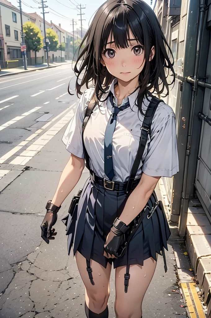  High Quality , masterpiece,  super high res, ( realism : 1.4),  oil painting style ,  movie lighting, ,  I stood on an empty asphalt road and watched it.., and、flying crane suspenders 　　 Big Breasts　 　 　　　　 small face 　 　　　　　　　　　　  lying on a bed 　 looks up　　　　sweat 　　　belt　buzzer　脇sweat 　 black hole gloves 　suit　　　　  miniskirt　garterbelt　Foot Link　ズボンのbelt　　　 　　 fold your hands on your back　  uneasy expression　 looks up　 uneasy expression　Knee-length　 knee socks　Knee-length socks garter belt　garter　Garterbelt on thighs,  fold your hands on your back　　restrict　handcuffs　Cable ties　Cable ties on thumbs
