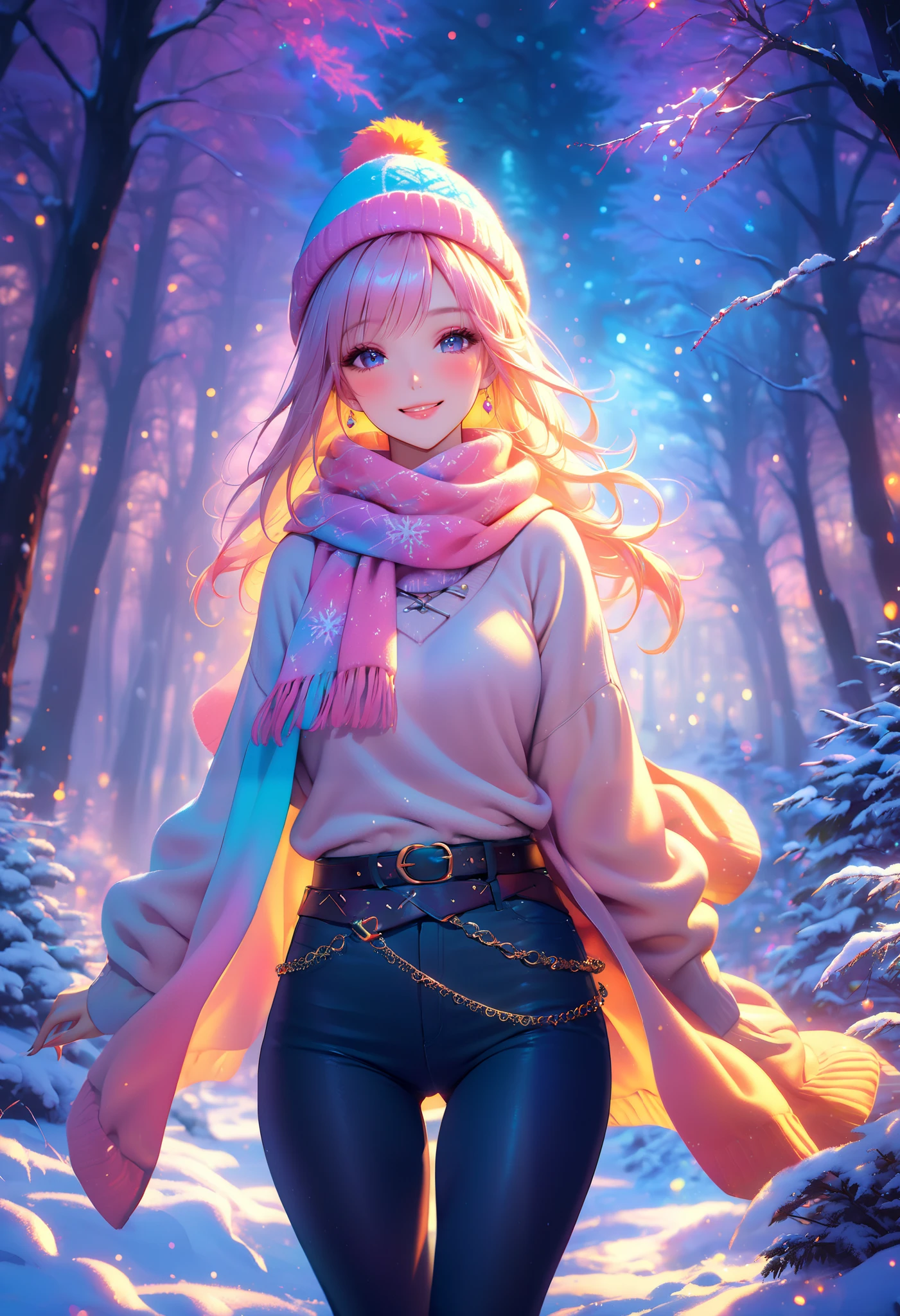 anime,  girl ,  sexy, Charming, smile, belt, scarf, pants, sweater, hat, bright colors,  Perfect anatomy ,  intricate details, bright colors,  masterpiece fails,  Dramatic lighting , winter forest background , wonderful, beautiful, 8 k,