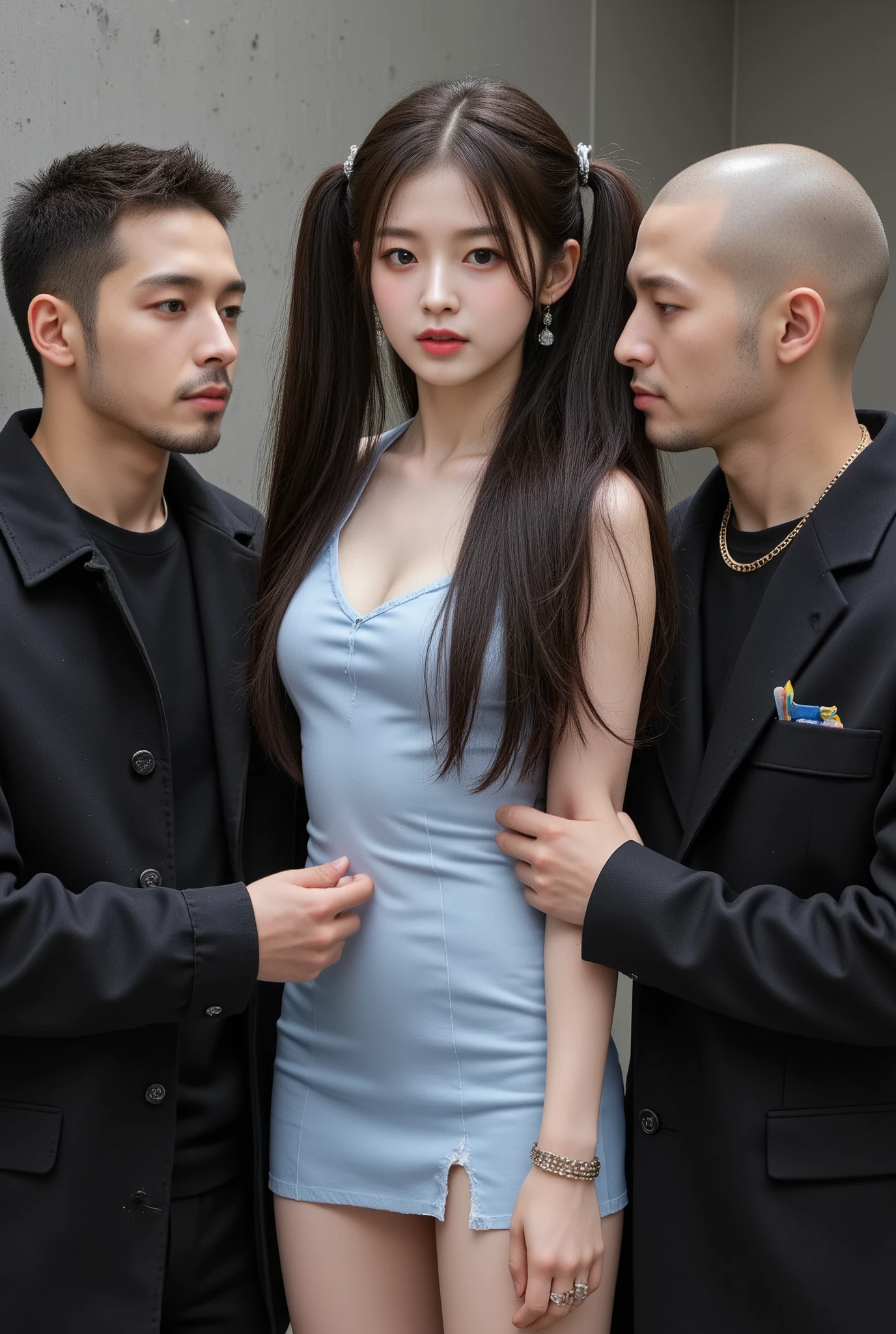 (NSFW), dynamic,
realistic, Press photo, Documentary Technique, Very clear image,HDR,
(full body visible:1.5), 

1girl, 3guy,

A Korean beauty idol is captured by a korean gang and surrounded by men who look like they're ruthless,
The girls are smaller than the guys, and didn't even reach the men's shoulders,
the girl ,
The girl's skin is translucently white,
the girl's hair is pur black twintails,
her name is Arin,

A man with a shaved head, a muscular man, a man wearing a thick necklace of bacteria,
a man has tattoo,
Men have horrible looks,
Men despise girls,
Men are criminals,
Men are crazy,
Men are sadists,
The men whipped the girl,

Rough men,
the men are treating the girl roughly,
The girl's costume is a light blue mini dress,
The girl's dress is sleeveless,
the girl's dress is torn litle,
the girl is terribly frightened,
The girl's eyes are wide with fear,
The girl is frightened, cowering,
the girl trembling looking up at the men,
The girl is treated like a slave,
The girl was subjected to violence,
the men assaulted her,
The girl was hurt by the men,
Girls are men's toys,
Men gang-rape girls,
The girl was so scared that she peed herself,

gang office,