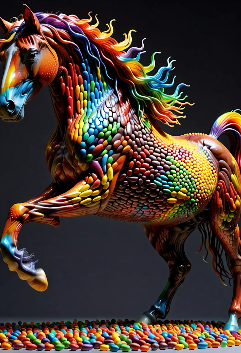 A majestic horse entirely made of multicolor chocolate beans, its mane flowing with vibrant rainbow hues, each strand of hair waving gracefully with the horse's movement. The horse stands dynamically on its two hind legs, rearing up with a powerful pose. The multicolored beans shimmer and reflect light as it moves, creating a mesmerizing and lifelike effect. Ultra-realistic animation with dramatic lighting, soft shadows, and a subtle glowing aura around the horse