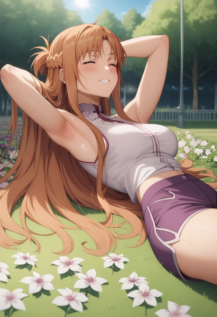 score_9,score_8_up,score_7_up, source_anime,, one hot woman, lying face down on a pink mattres, closed eyes,sun light to face , deep eyes,small waist、slender、sexy、Light sun, white shirt sleeveless, focus armpit, sexy armpit,sweat,purple short  pants, , flower garden atmosphere, taken from the side, seeing the buttocks and hips, orange hair, colarbone, thigh, perfect body, medium breast, yuuki asuna, warm light, park background, tree, flower, smile seducative expresion, hand behind the head, messy hair , blush,  bellow view, full of short grass, green grass, perfect park