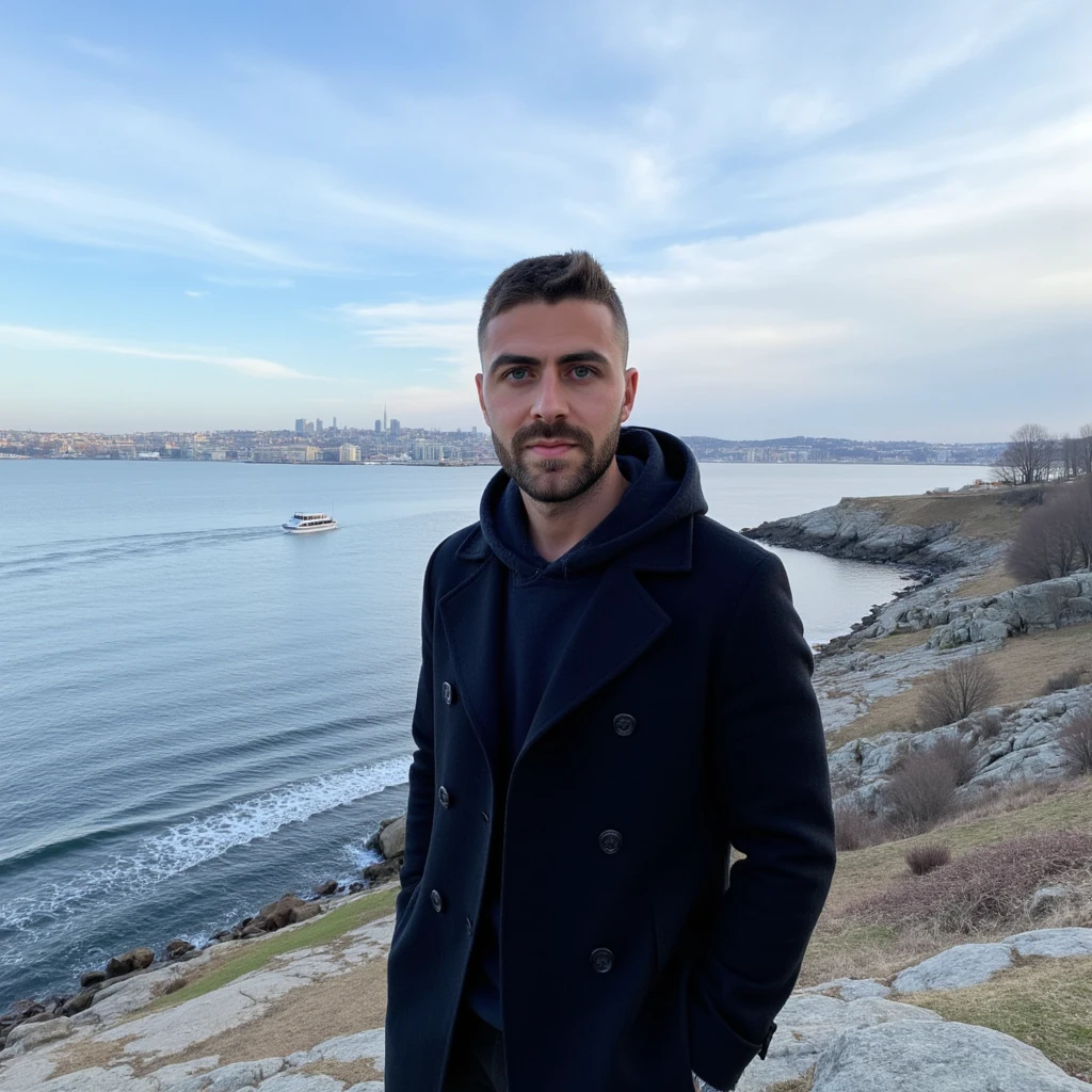 A young man has a light skin tone, a neatly trimmed beard and mustache, with short, dark hair styled short on the sides and longer on top. and a subtle, natural smile that suggests he is enjoying the moment, stands on a rugged cliff overlooking a tranquil bay in Söderström, Stockholm. The scene captures a crisp winter morning with icy blue skies streaked by soft, wispy clouds. he wears a tailored black trench coat, buttoned up for a streamlined silhouette. A dark hoodie adds a touch of muted color, its hood framing his face subtly. and white sneakers. . The distant cityscape across the bay glimmers with sunlight, showcasing a harmonious mix of modern towers and classic Nordic architecture. A solitary boat glides smoothly across the water, leaving a delicate wake. Bare, leafless trees and patches of moss on the rocky outcrop add an organic texture, enhancing the serene, introspective mood of the moment. (masterpiece), (best quality), (ultra-detailed background), detailed face, perfect composition, intricate details