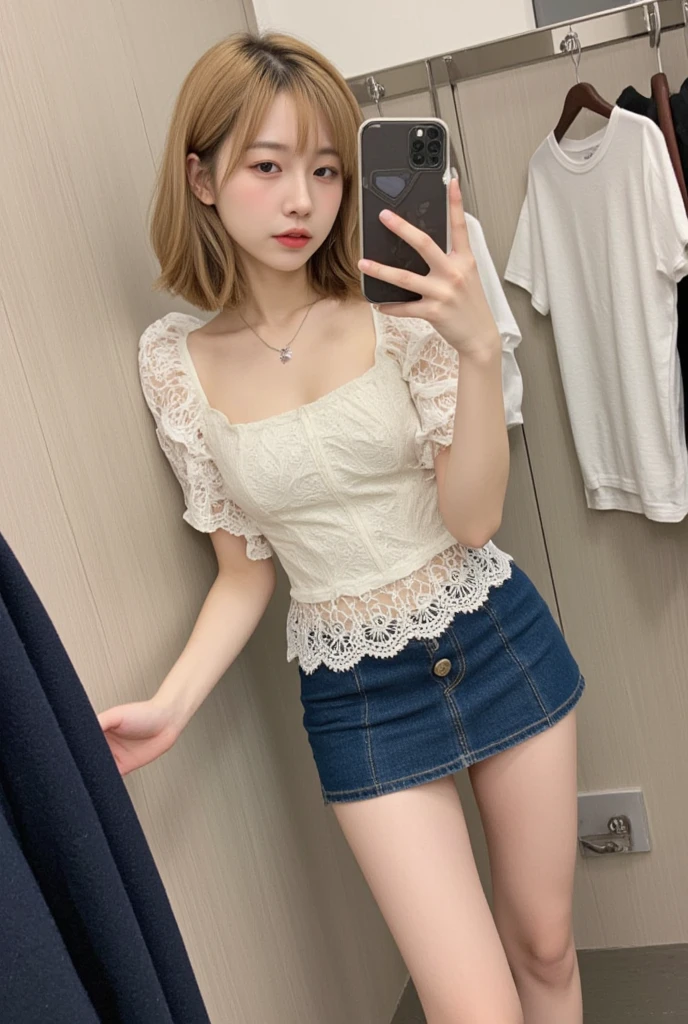  blonde and brunette hair in a lace top 、 beautiful, sexy, and mischievous Japanese woman with shoulder-length dark blond hair,  slim and well-shaped body , (( denim skirt ))、((T-Shirts))、Beautiful, sexy and mischievous Japanese woman with shoulder-length dark blond hair taking a selfie with her iPhone in the fitting room ,  photorealistic ,  very detailed,Looking down diagonally 