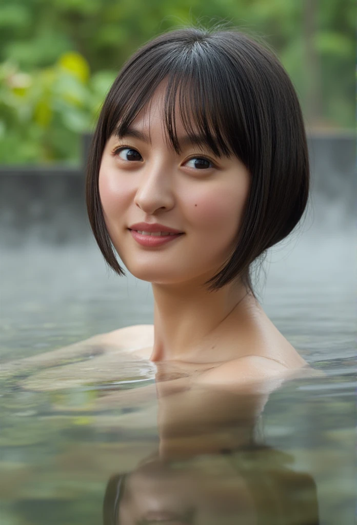  (( top quality 、masterpiece、、 highest image quality taken by Ki、 super high res、 Award-winning works )、( naked girls:1.8)、( accurate anatomy:1.1)、(Shoulder-deep in the hot spring:1.2)、( Look at me and smile :1.1)、 super high res for bright and fair skin、The most detailed face、 super high res detailed face、 super high resの髪の毛、 super high resの煌めく瞳、 A beautiful face is drawn in every detail、( Blurry Background:1.1)、Very bright and vivid、 beautiful Japanese actress's face 、( Hot springs are blessed with nature , Located in a hidden mountain retreat:1.1)、Perfect and accurate onsen、(White thick fog:1.2)、Hot spring steam 、 short bob、Completely naked:1.6、 small breasts、Nipples:1.8
