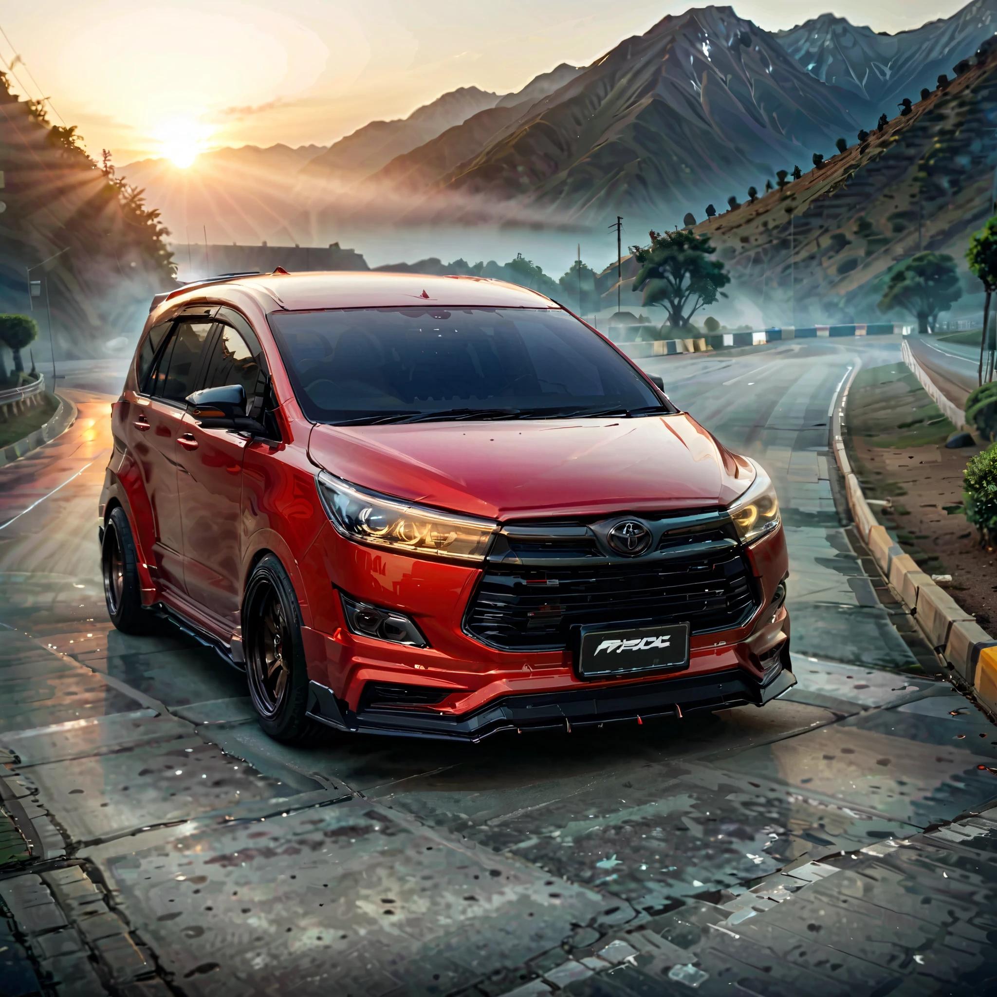 (best quality,highres,masterpiece:1.2),ultra-detailed,realistic,photorealistic:1.37,illustration, a photo of red rbntrd car [Innova reborn trd], sporty black wheels, glowing led illumination headlights, widebody sports car, lens flare, Mountainous landscape, sunset, fog, fast, plenty of détails, distant view