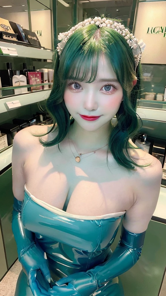 (masterpiece, top quality ,Ultra delicate, perfect face,16k, high definition ,  very cute girl),, deep green hair ,,blue latex bodycon tube dress,  Long blue latex gloves , light Green tights,  Big Breasts ,,  blue-white skin, Red gem on forehead, ((Cosmetics counter )),  necklace,  smile , cowboy shot