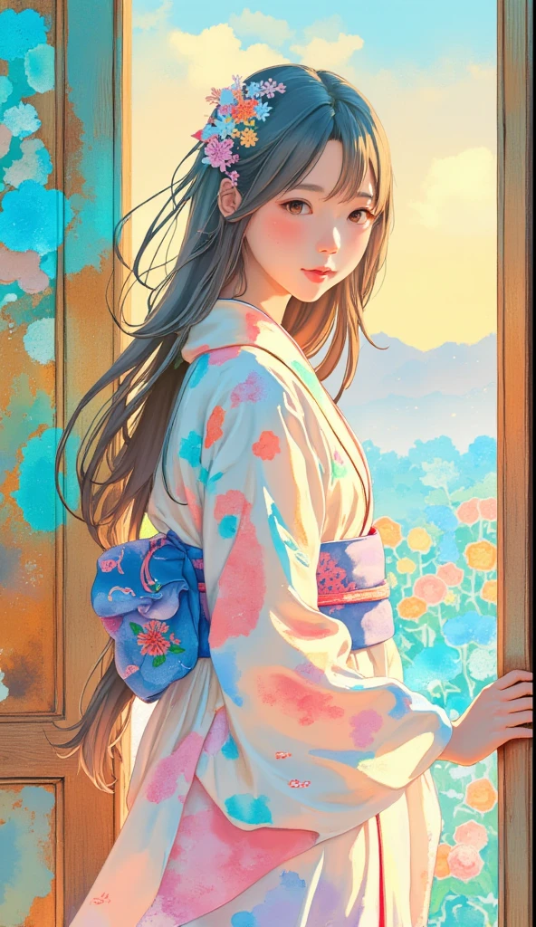  Splatter Backgrounds and Spray Paint Effects, Hiroshige Utagawa, yukata,  full body angle、 back view、Woman looking back,  Very Beautiful , Beautiful Woman , dusk, watercolor, watercolor, watercolor風, watercolorの詳細なアート, watercolor digital painting, watercolor paints, 非常に精巧なwatercolor, watercolor， Japanese women，1,  long hair, dark-haired、Based on blue