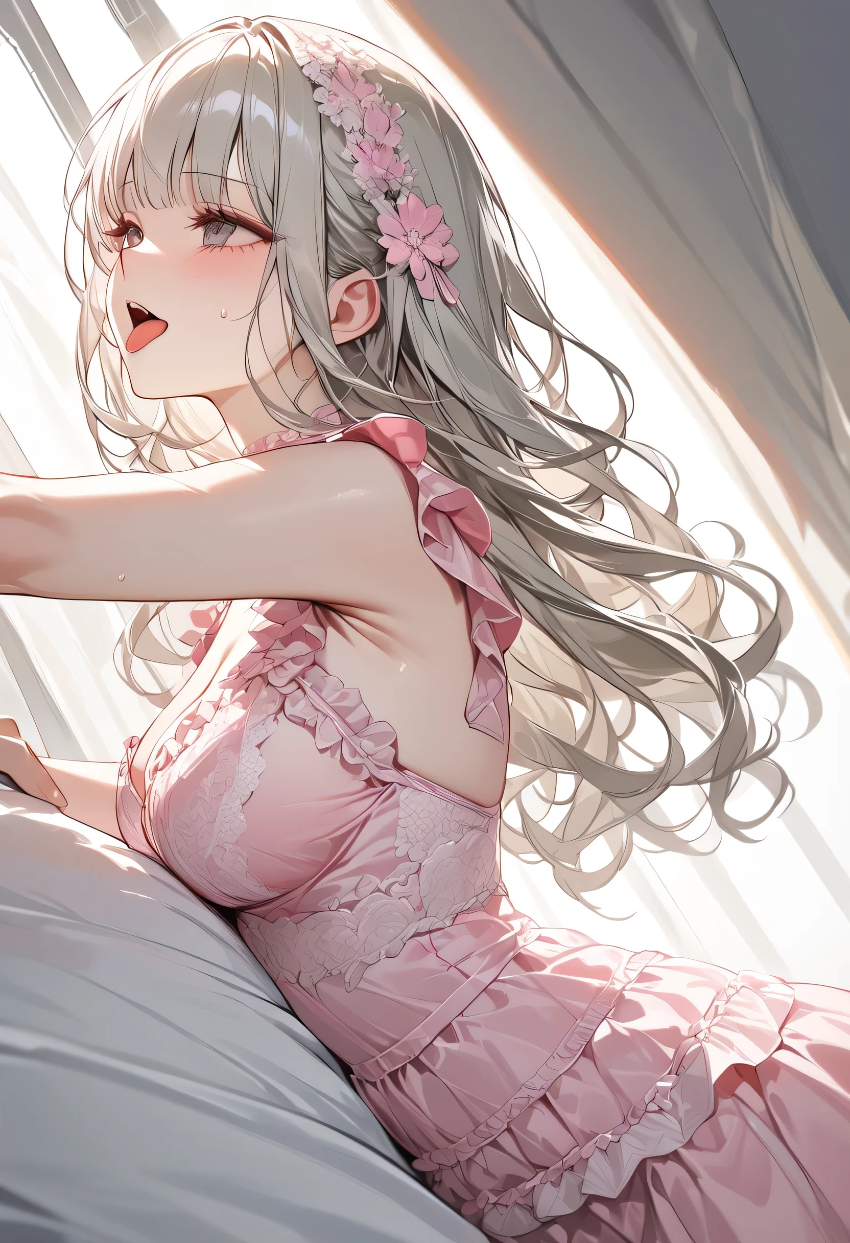 "Masterpiece, best quality, ultra-detailed, high resolution, sharp focus, intricate details, vivid colors, clean outlines, refined rendering.

1girl, silver-blonde hair, blunt bangs, long wavy hair, soft gray eyes, Delicate pink lingerie adorned with frilly details, Soft pink lingerie with lace frills and ribbons, Elegant pink lingerie featuring frill accents and floral lace patterns, lying doggy style sex、(From the side:1.5)、Stretch your arms,on the bed,orgasm, sweat,  open mouse, climax, tongue out, go commando, Someone holding her waist, first-person view