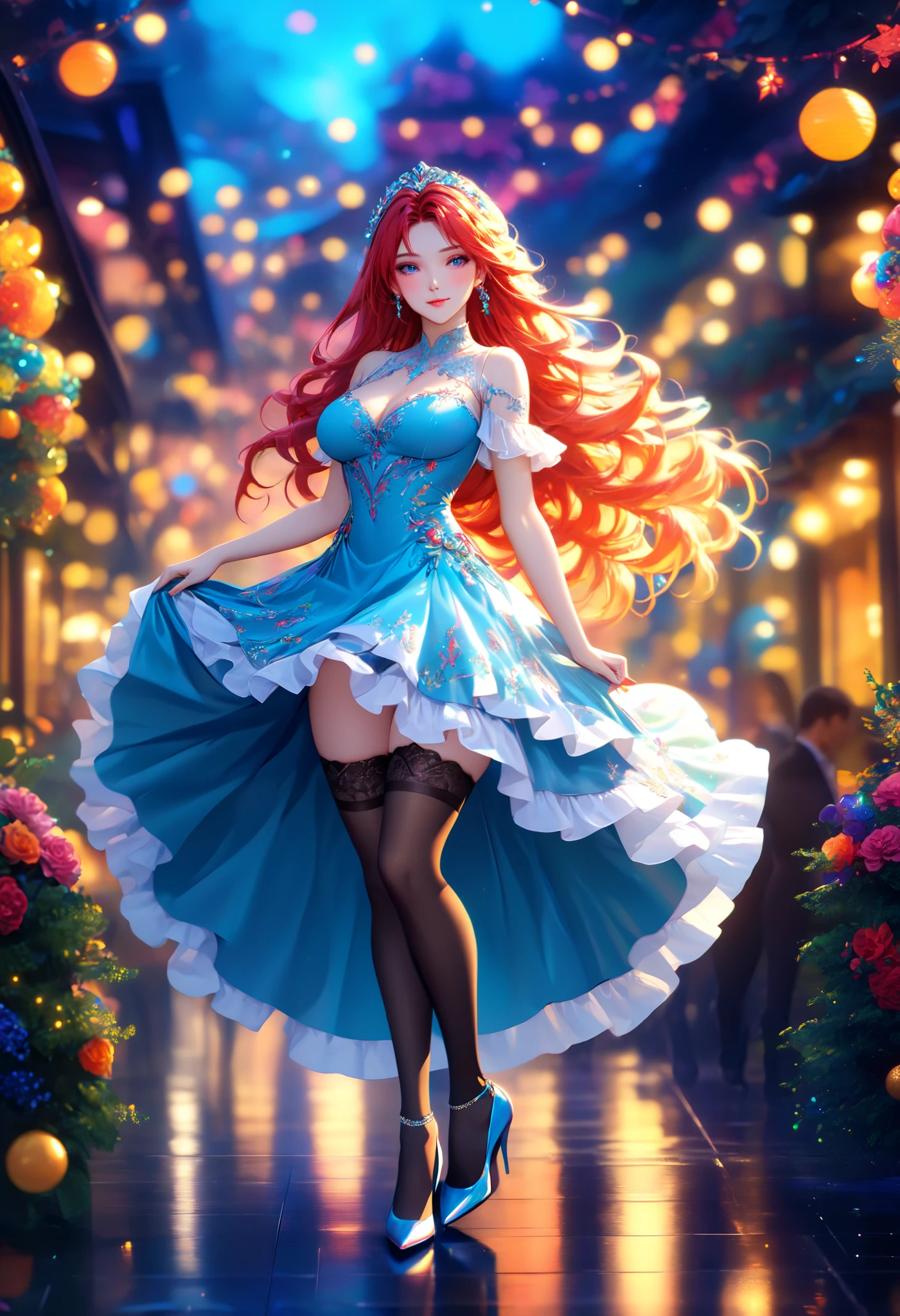 anime,  girl , bright, pretty, dress, decorations, stockings,  heels,  long hair, curvy shapes,  Amazon background ,  masterpiece fails,  intricate details, bright colors,  maximum details,  better quality , 8 k, 