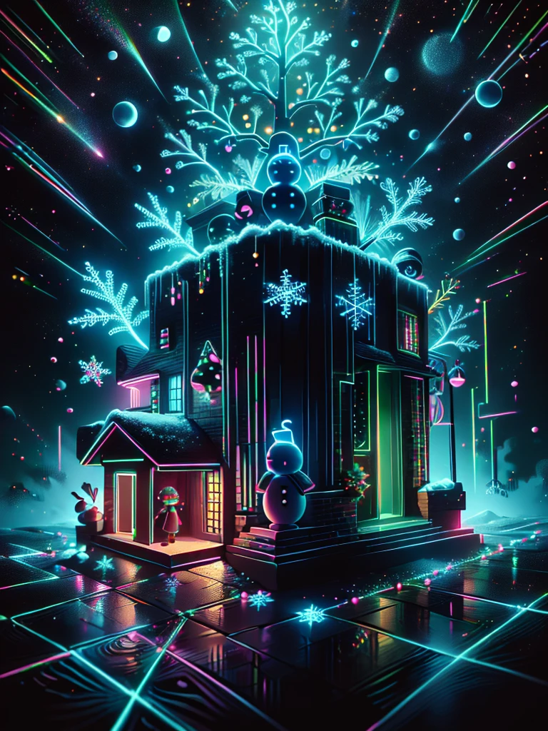 1girl,Chibi、 best smile 、 best detail、cute、 Christmas wreath 、 Neon Color Gradation Hair Color、White and Black Santa Claus Dress 、 snowman、 Snowflakes 、 fantasy 、 absurd、 neon lights enhance cuteness、世界一cute絵、 Christmas Illuminations、 Proximity Method、 view from below、