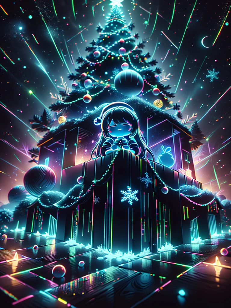 1girl,Chibi、 best smile 、 best detail、cute、 Christmas wreath 、 Neon Color Gradation Hair Color、White and Black Santa Claus Dress 、 snowman、 Snowflakes 、 fantasy 、 absurd、 neon lights enhance cuteness、世界一cute絵、 Christmas Illuminations、 Proximity Method、 view from below、