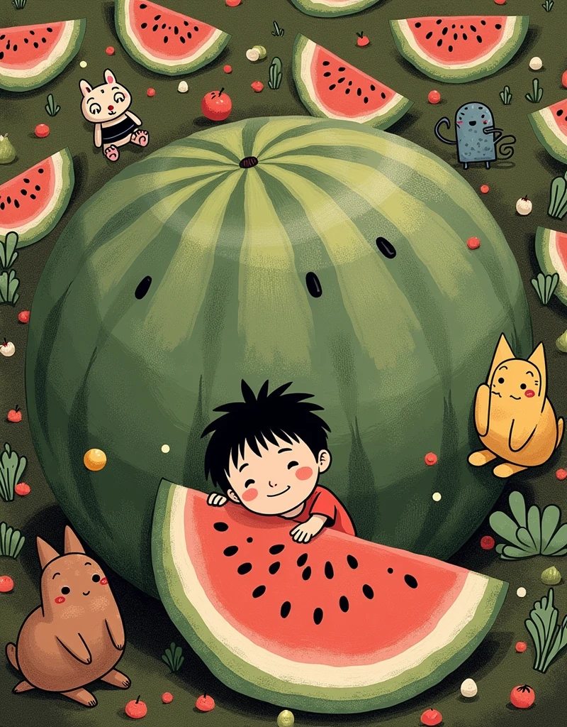 A young boy, Asian, appears to be in his -tees depicted in front of a large slice of watermelon.  He is wearing a light green t-shirt and light blue shorts.  He has short, dark hair and a relaxed expression, looking content and engaging with the watermelon. His body is curvy but not overly muscular. He appears to be leaning or climbing on the watermelon enjoying the fruit. The background features a repeating pattern of cartoon-style characters, including additional ren, various food items (watermelon, coconuts), and simple animal designs, all drawn in a muted, light olive-green color.  The characters' styles are simple, with bold outlines and flattened features that resemble an anime-style or ren's cartoon illustration. Text is also visible in Japanese, likely a title or caption, with stylized, playful fonts. The composition is centered around the boy and the watermelon, with varied sized smaller decorative elements creating a visual tapestry.  Colors are muted and soft, with a focus on tones of olive green, red (watermelon), and pale blue. The lighting is even and neutral. The overall style is whimsical and playful, reminiscent of a ren's illustration or graphic design.  The perspective is a slightly elevated, almost overhead view, providing a balanced viewpoint of the scene. Importantly, it is a cartoon style.
